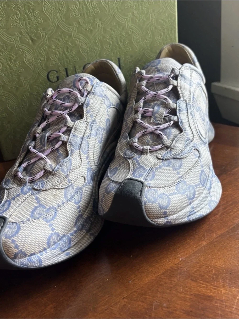 NEW GUCCI MEN'S BEIGE BLUE GG GUCCISSIMA PRINT RUN SNEAKERS SHOES GG10
